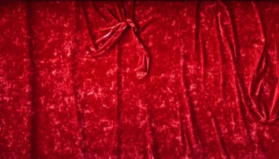 Image similar to rendering of invisible man wrapped in red velvet sheet. surrounded by darkness