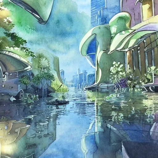 Image similar to Beautiful happy picturesque charming sci-fi city in harmony with nature. Beautiful light. Water and plants. Nice colour scheme, soft warm colour. Beautiful detailed watercolor by Lurid. (2022)