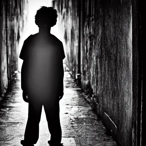 Prompt: Herobrine standing in a dark alley, staring at the camera, motionless. Award winning, noire, high resolution.