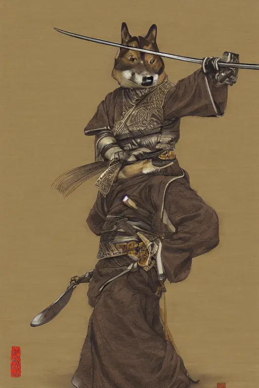 Prompt: a detailed matte portrait of an anthropomorphic shiba inu dressed as a samurai, shiba inu face, very large katana leaning against the side of a tavern, city streets, masterpiece, 8 k, art by donato giancola and greg rutkowski and wayne barlow and zdzisław beksinski
