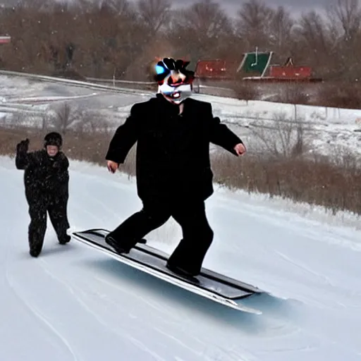 Image similar to kim jong - un sledding down a hill made out of poutine, shredded cheese falling from the sky,