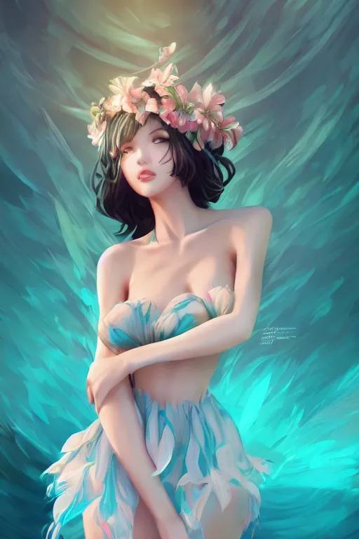 Image similar to a beautiful fashion goddness of love, chic strapless dress, tropical sea background, character design, in the style of artgerm, and wlop, cinematic lighting, hyperdetailed, 8 k realistic, symmetrical, global illumination, radiant light, frostbite 3 engine, cryengine, dof, trending on artstation, digital art