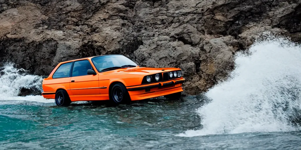 Image similar to orange bmw e30 m3 driving off a cliff into the ocean