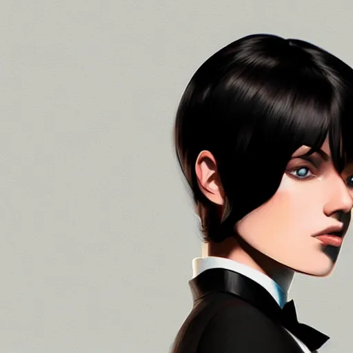 Image similar to slim girl in tuxedo with short black hair, elegant, 2d, ultra highly detailed, digital painting, smooth, sharp focus, artstation, art by Ilya Kuvshinov