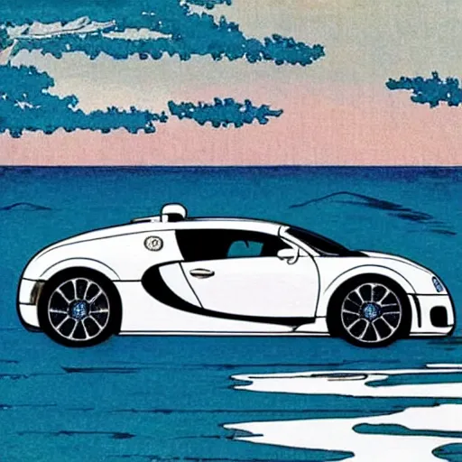 Image similar to Bugatti veyron driving on the Pacific ocean, highly detailed, intricate, in the style of hokusai