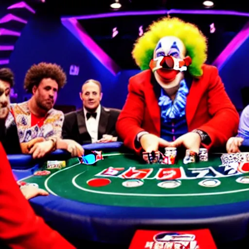 Image similar to world series of poker, a clown is at the final table, espn coverage, screenshot,