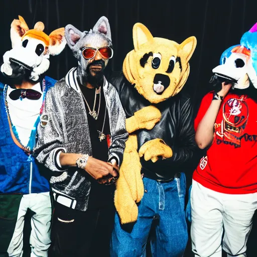 Prompt: snoop dogg taking a photo with fursuiters at a furry convention, 4 k photography