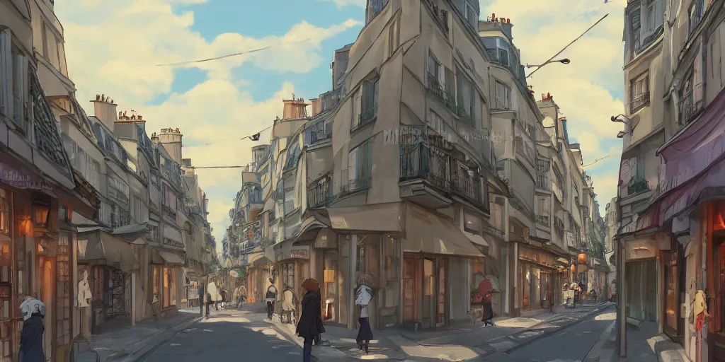 Image similar to a parisian street, a street in paris, ultra high quality, 4 k, by miyazaki and makoto shinkai, anime screenshot, colorful, artstation, pixiv,