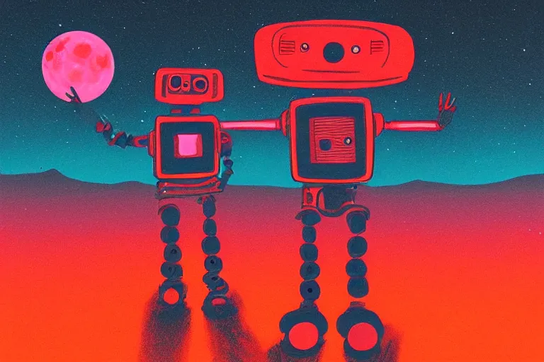 Image similar to a robot standing on mars in the style of flooko, acrylic art, detailed, moonlight, red lighting, bokeh, synthwave, psychedelic, glitch, neon,