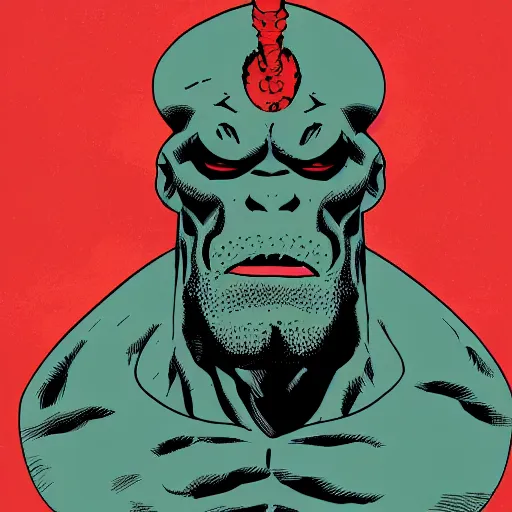 Image similar to Ron Perlman as hellboy, medium portrait, by mike mignola, frank miller, tim sale flat colors, chiaroscuro, 8k, hd, high resolution print
