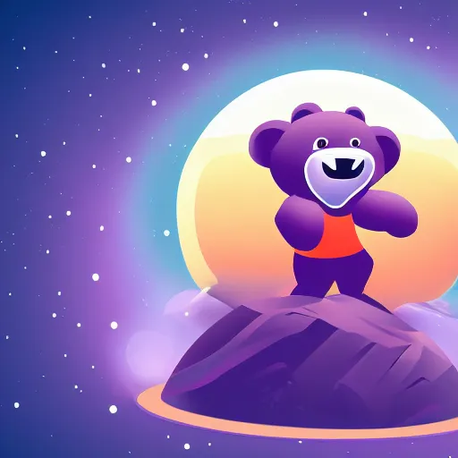 Image similar to cartoon illustration of a bear mascot being launched from a futuristic marble planet, purple and orange cloudland