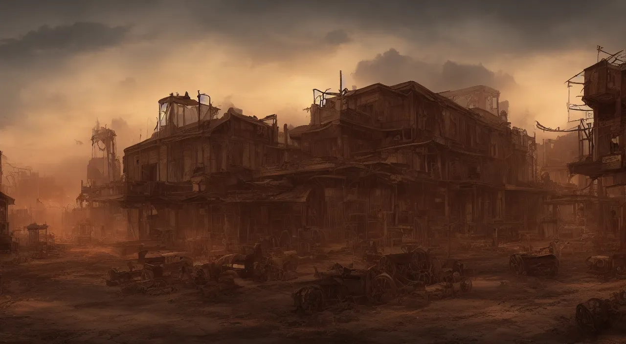 Image similar to A rundown wild west town, during 1800s, broken down and rusted carriages, semi-apocalyptic looking, dusty clouds in the sky, sun setting in the background, hyperdetailed, artstation, cgsociety, 8k