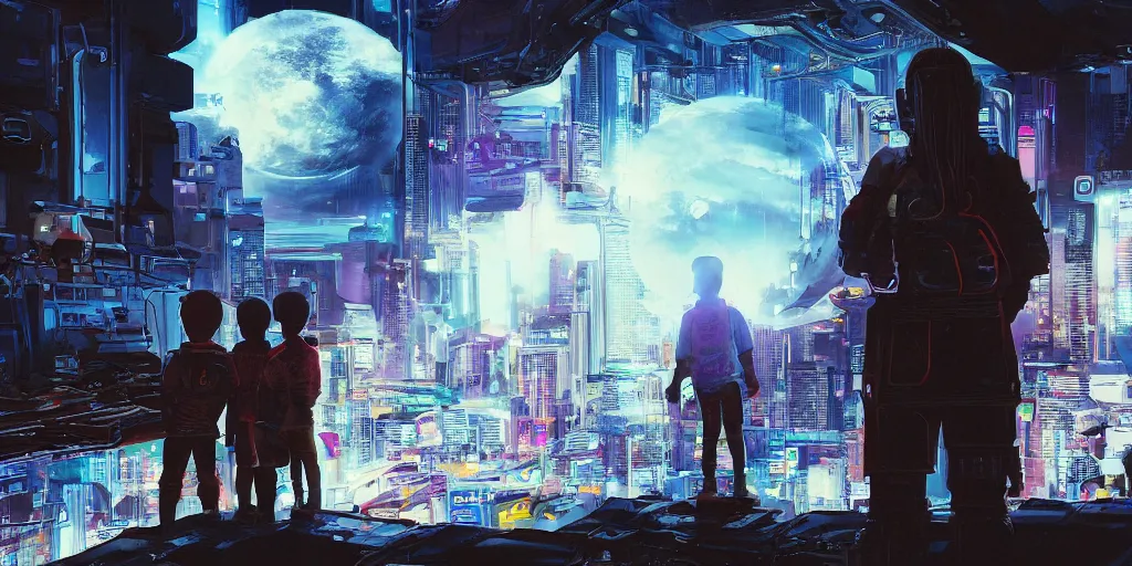 Image similar to kids looking into space hopeful of a better future, cyberpunk, digital art, fine detail