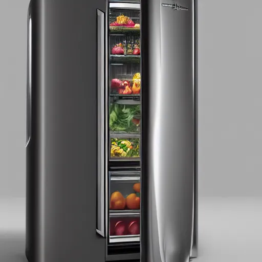 Prompt: product photo of a fridge, by artgerm and greg rutkowski and marc newson, alphonse mucha, zaha hadid, volumetric light, detailed, octane render, midsommar