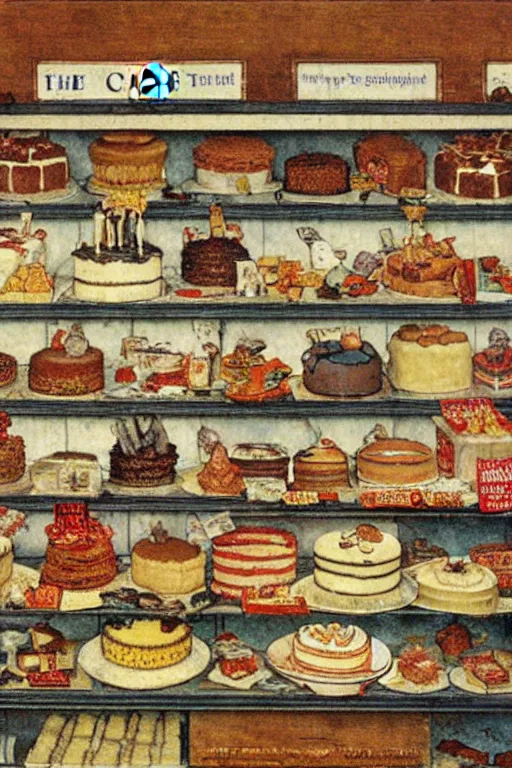 Prompt: a shop full of cakes by norman rockwell