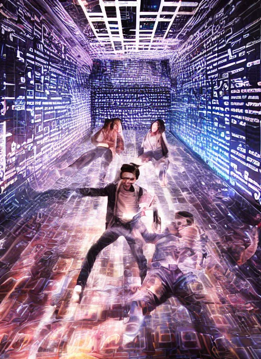 Image similar to cinematic shot epic group happy humans, hyper realistic, mood lighting, fantasy, detailed overlapping matrix of beautiful digital images, floating graphics, supercomputers text to images, beautiful singularities, highly detailed, super realistic, perfect lighting pixel sorting, style sheet