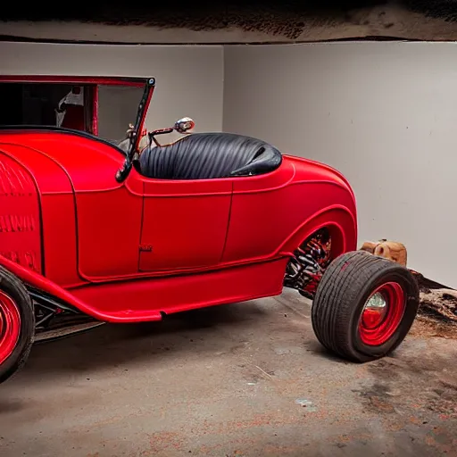 Prompt: red 1 9 2 8 chevy roadster, jalopy, heap, hot rod, rat rod, crate, car, automobile, horseless carriage, bucket of bolts, 3 5 mm museum studio lighting