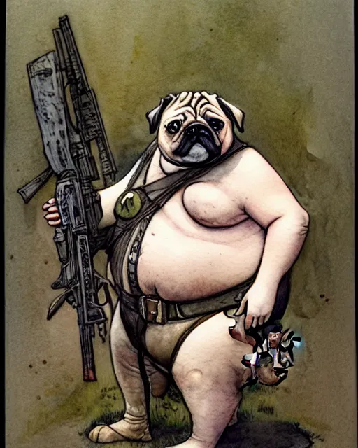 Image similar to a realistic and atmospheric watercolour fantasy character concept art portrait of a fat adorable dirty chibi pug wearing a wife beater and holding a rifle, by rebecca guay, michael kaluta, charles vess and jean moebius giraud