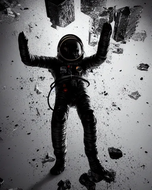 Image similar to brutalist construction with organic fluid metal parts floating in void hallucinating, an astronaut covered with black sticky extraterrestrial fluid, creative VFX, no text, rendered with octane, hyper realistic, hyper detailed, surreal, futuristic, volumetric light, 8k