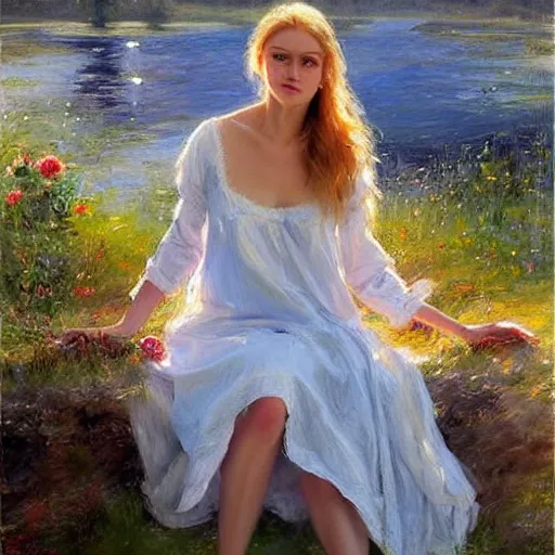 Image similar to blonde woman, nightgown, swedish countryside, archipelago, morning, masterpiece, highly detailed, beautiful, atmospheric, impressionism, painting by Vladimir Volegov