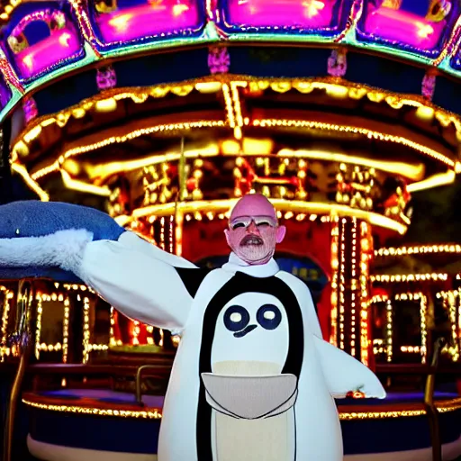 Prompt: photograph of walter white in a penguin costume standing in front or a carousel in disneyland, dark, ominous lights