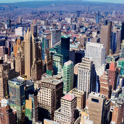 Image similar to The buildings of downtown Manhattan situated below Mount Everest. The Great Pyramid is in the foreground. DSLR photograph.