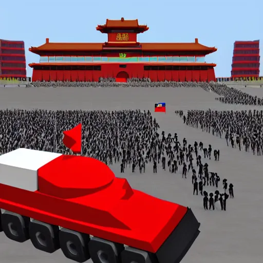 Image similar to roblox noob driving tank in tiananmen square, chinese flag