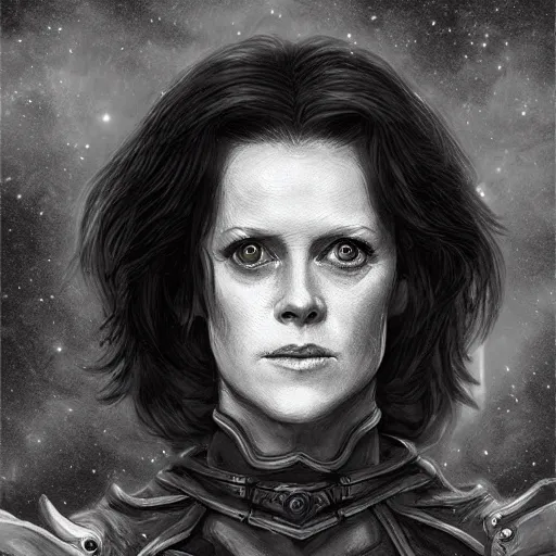 Image similar to young sigourney weaver as a d & d ice warlock, character portrait by wlop