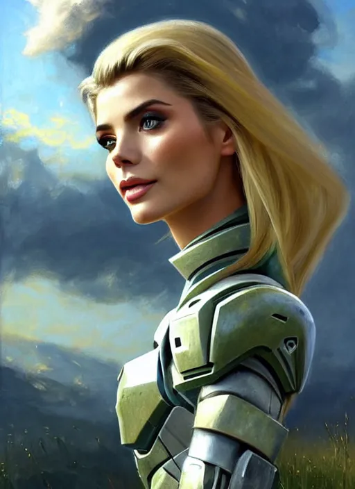Prompt: portrait of a combination of Ashley Greene, Victoria Justice and Adriana Dxim, Grace Kelly and Lily Collins with blonde hair wearing Forerunner Armor from Halo, countryside, calm, fantasy character portrait, dynamic pose, above view, sunny day, thunder clouds in the sky, artwork by Jeremy Lipkin and Giuseppe Dangelico Pino and Michael Garmash and Rob Rey and Greg Manchess and Huang Guangjian, very coherent asymmetrical artwork, sharp edges, perfect face, simple form, 100mm