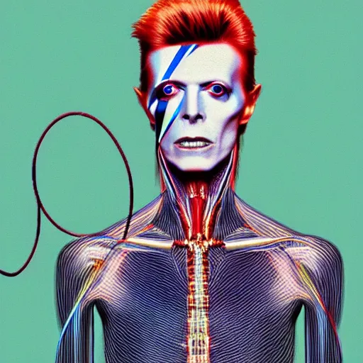 Prompt: David Bowie with a cybernetic eye album cover. Wires protuding from neck. Vaporwave, highly detailed, portrait.