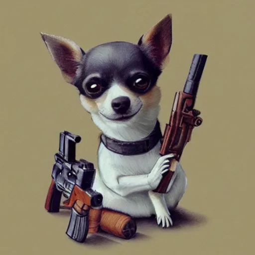 Image similar to chihuahua holding a gun, fan art, concept art