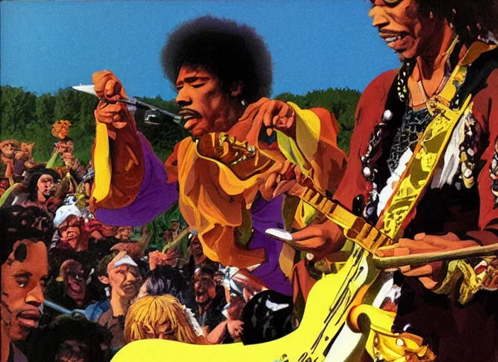 Image similar to jimi hendrix performing at woodstock illustrated by ralph mcquarrie