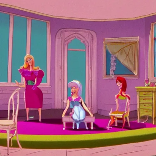 Prompt: Barbie looks bored in her dream house, Don Bluth Animation, wide shot, film still