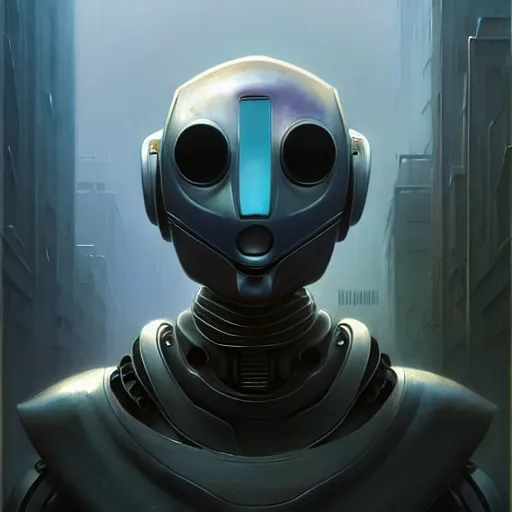 Image similar to detailed character concept art portrait of a masked robot in a city, trending on artstation, award - winning video game concept art by jim burns and greg rutkowski, beksinski, a sci - fi concept art masterpiece, james gilleard, bruegel, alphonse mucha, and yoshitaka amano.