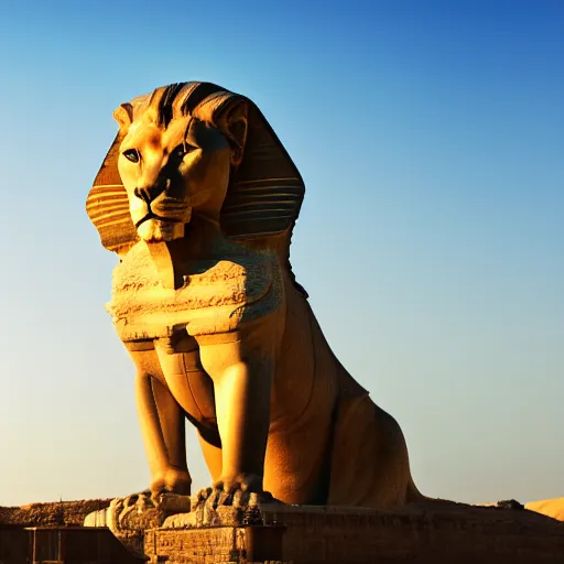 Image similar to Professional studio photograph of a real lion, posing in the same pose as the statue The Great Sphinx of Giza. Full body shot, studio lighting, neutral background, subject in sharp focus, great contrast, rich and saturated colors, high resolution (8k).