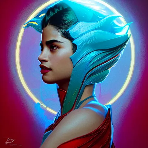 Image similar to anne curtis as darna, volumetric lights, red and cyan theme, art nouveau botanicals, intricate, highly detailed, digital painting, artstation, concept art, smooth, sharp focus, cinematic, illustration, beautiful face, art by artgerm and greg rutkowski and alphonse mucha