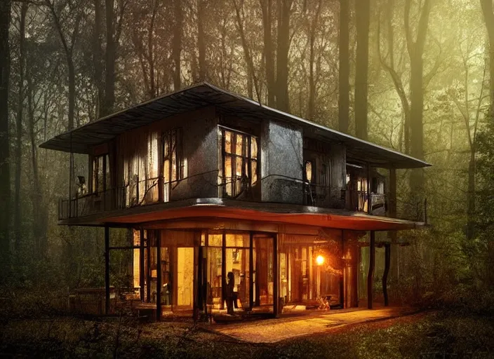 Prompt: house in a clearing in the middle of the forest, seen from afar, beautifully lit, retro science fiction vintage art, steampunk