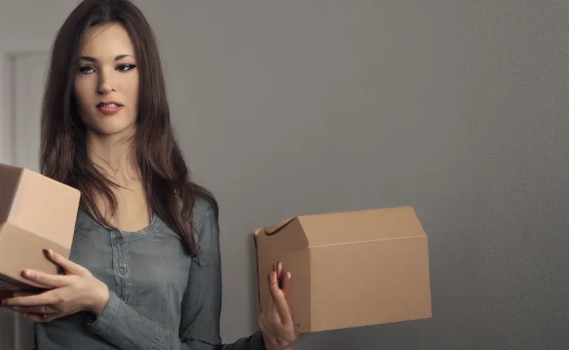 Image similar to a woman holding a box, unreal engine