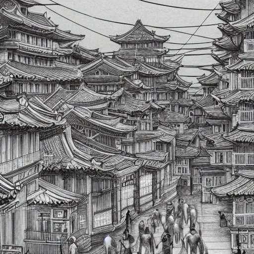 Image similar to High detailed sketch of korean city street, pencil drawing, traditional buildings, joseon era, black and white, artstation, extreme detail