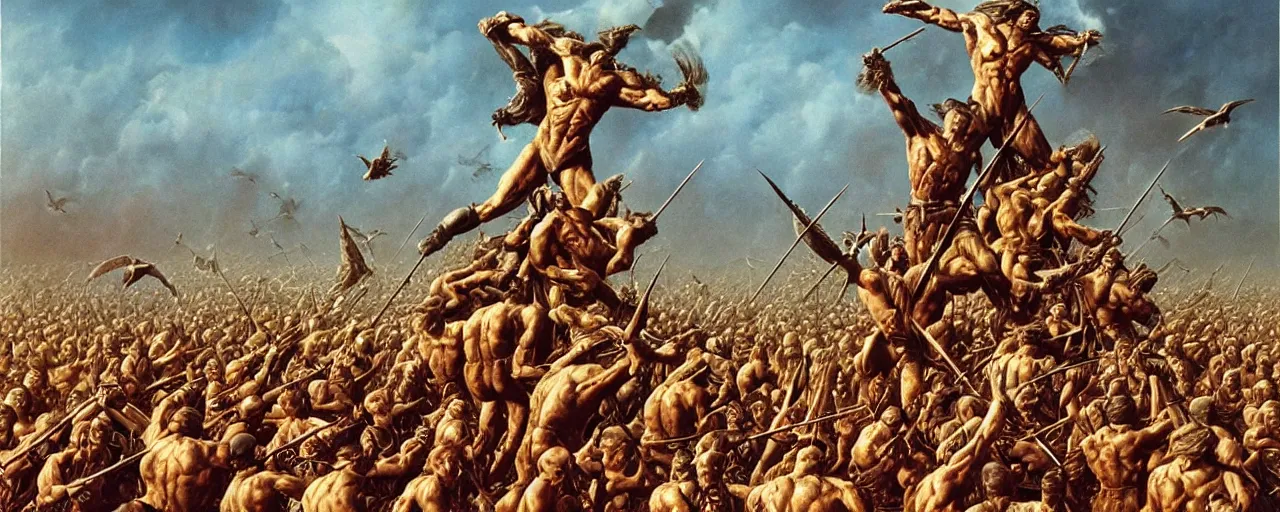 Image similar to the hungry birds of war. manowar album cover, ripped muscular barbarians are surrounded, 8k, highly detailed, by Zdzisław Beksiński