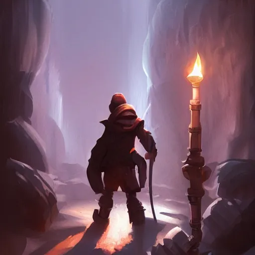 Image similar to a man with holds a torch and explores a Dungeon, luminous, artstation