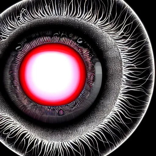 Image similar to a detailed extremely close up of inside the iris, cornea, red image, microscopic, extremely close up drawing by junji ito, cgsociety, generative art, lovecraftian, parallax, cosmic horror, extremely detailed, hyperrealism, unreal engine, octane render, award winning, masterpiece, highly detailed, realistic, 4 k, digital