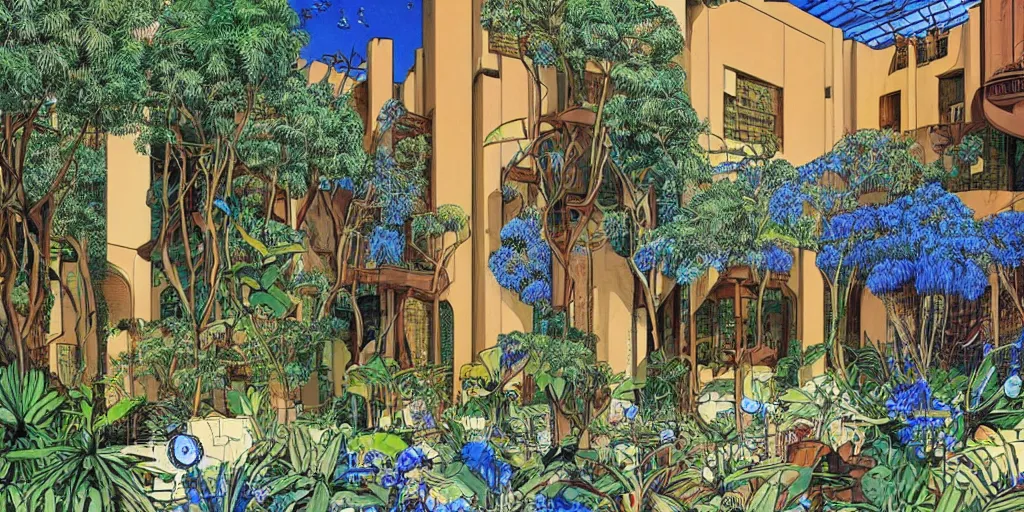 Prompt: masterpiece, graphic illustration of afro futurist florence courtyard designed by by frank lloyd wright architect, plants and trees on walkways low buildings, green energy, bicycles,, bill sienkiewicz, giant agapanthus flower from buildings wide angle, insanely detailed and intricate