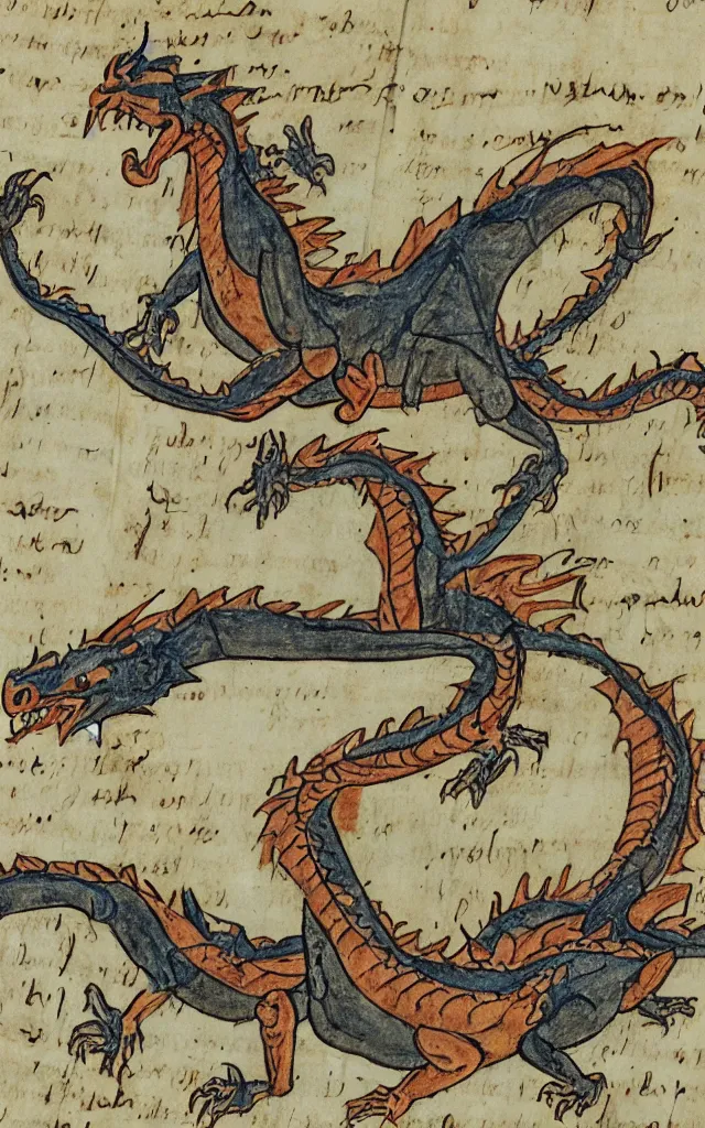 Image similar to a dragon with ten different human frail heads, marginalia manuscript
