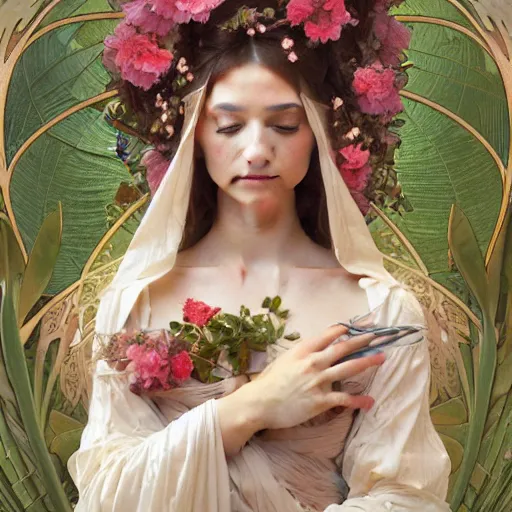 Prompt: a flower goddess, intricate, elegant, highly detailed, digital painting, artstation, concept art, smooth, sharp focus, illustration, art by artgerm and greg rutkowski and alphonse mucha and william - adolphe bouguereau and stephanie law