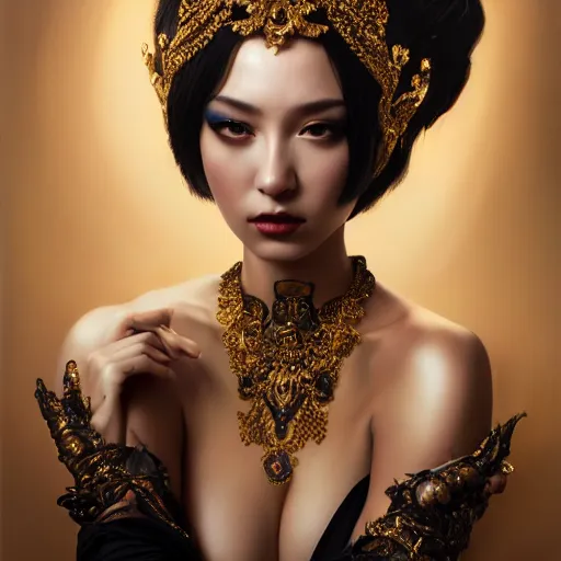 Prompt: expressive oil painting, of alluring european princess, seductive look, smooth glowing skin, glistening body, love, adoration, ornate headpiece of black beads, black necklace, glamour shot, tattoos, by yoshitaka amano, by greg rutkowski, by jeremyg lipkinng, by artgerm, digital art, octane render