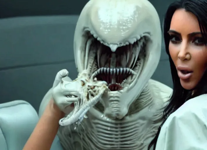 Image similar to film still of kim kardashian ingesting alien goo from the mouth of an xenomorph, transparent goo, transparent liquid, saliva, 8 k