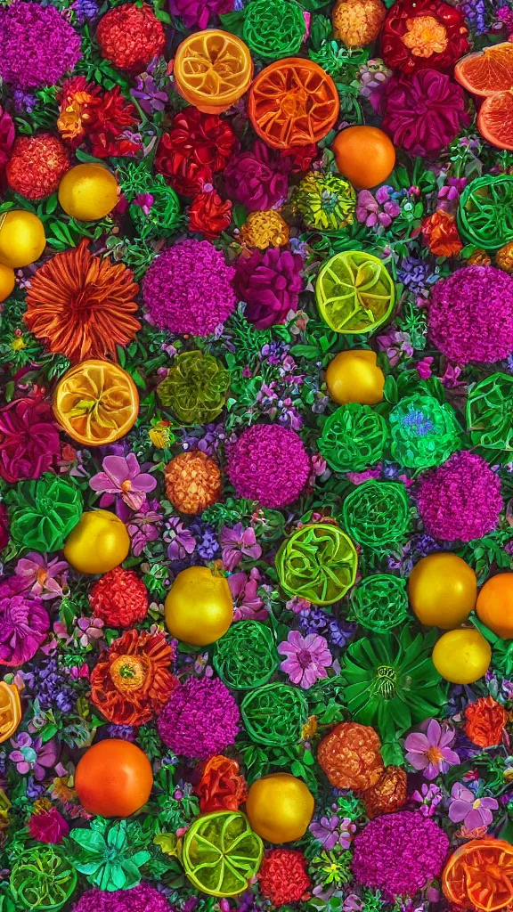 Image similar to a detailed render of a modular synth made of flowers and fruits, redshift renderer, hyperdetailed, 4k, soft lit