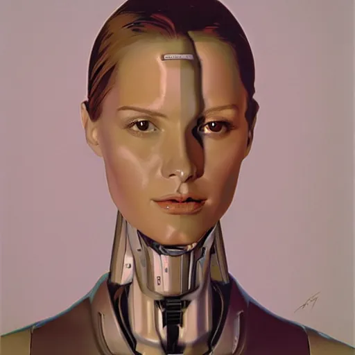 Image similar to female robot, facial portrait, by syd mead , airbrush, science fantasy