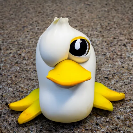Image similar to banana duck at Walmart, peeled banana with googly eyes and duck beak, goofy banana duck hybrid spotted at Walmart. ISO 300, depth of field